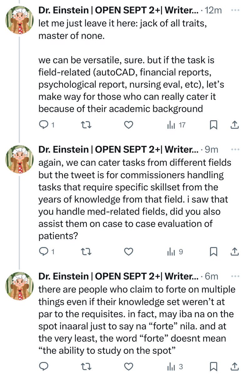 leaving these thoughts here to minimize misunderstandings ❤️‍🩹

no shame for catering other tasks from other fields, especially for creatives and mid writeups.

however, let’s not claim to forte on something if we’re just about to study it for the purpose of the commission. ✨