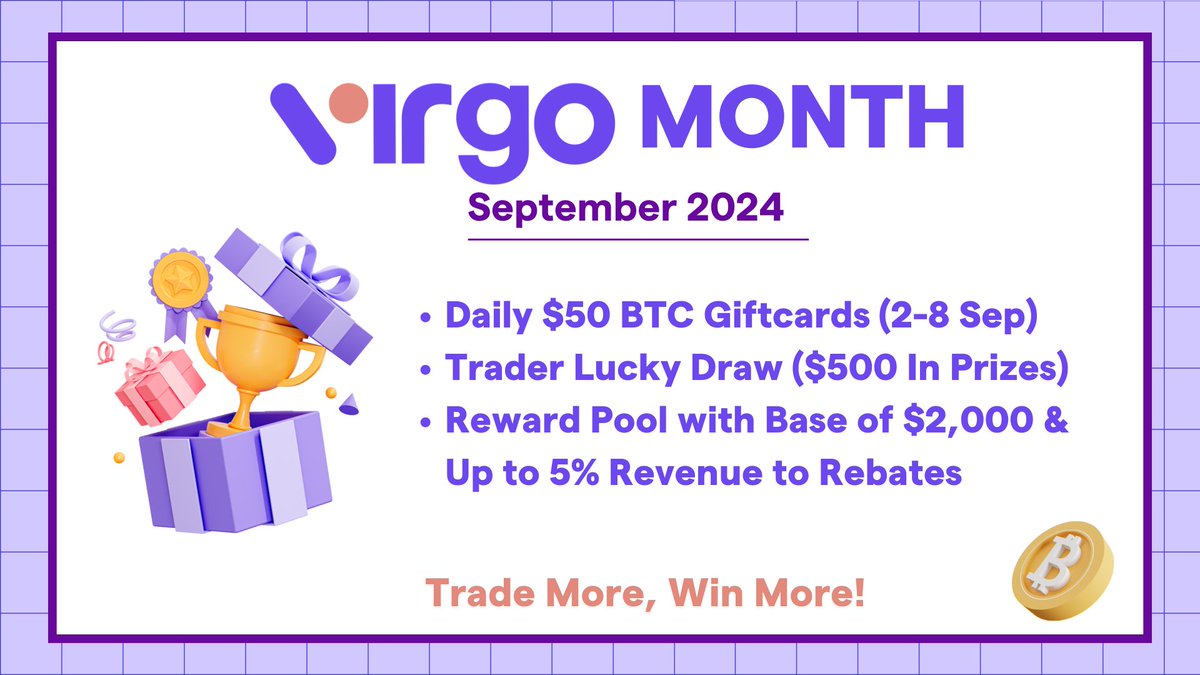 🎁 #VirgoMonth is here! Get ready for a month full of rewards! 🚀 #CryptoGiveaway

1️⃣Daily Crypto Gift Card Giveaways: Trade During 2-8 September, you could win a $50 $BTC gift card! 💰

2️⃣ Trade Luck Draw: Deposit &amp; trade $300+ for a shot at $300 AUD! 🥇

3️⃣Trading Reward Pool: