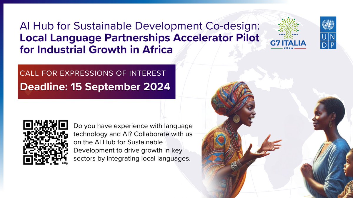 UNDPDigital's tweet photo. Join us in co-designing the AI Hub for Sustainable Development! 

We're seeking partners with expertise in NLP and African languages to drive innovation and growth in key sectors. Help shape inclusive digital futures across the continent. Sign up: https://t.co/BsVABsN3Y0 https://t.co/affKtjig5B