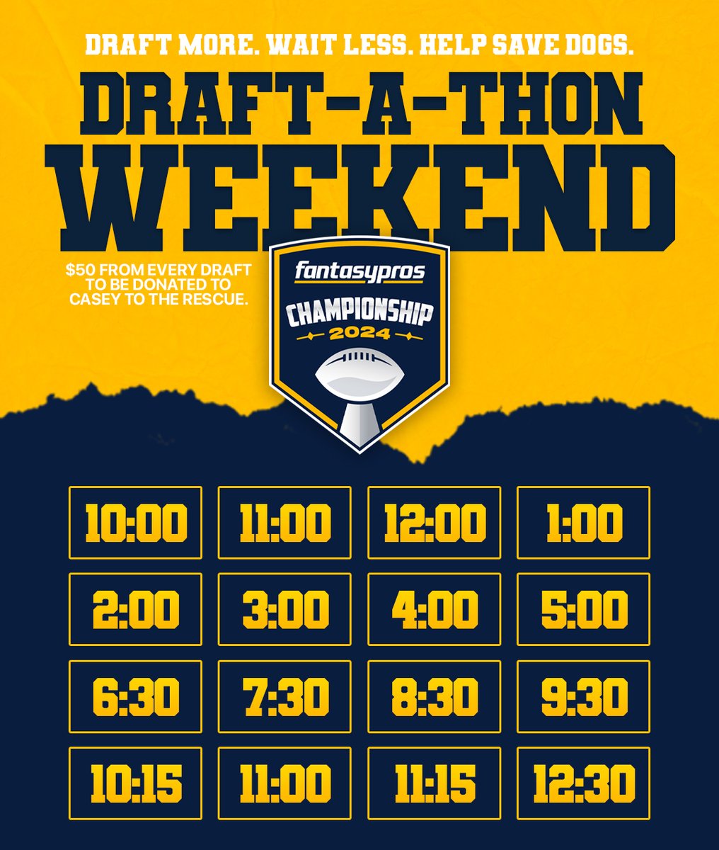 FFPC's tweet photo. Draft-A-Thon Weekend is upon us.

$50 from every @FantasyPros Championship draft will be donated to Casey to the Rescue to help aid their efforts to rescue dogs.

16 drafts are kicking off today starting at 10:00 AM exclusively at https://t.co/DZP6BDjMDm! https://t.co/4Av4fPLB6Q