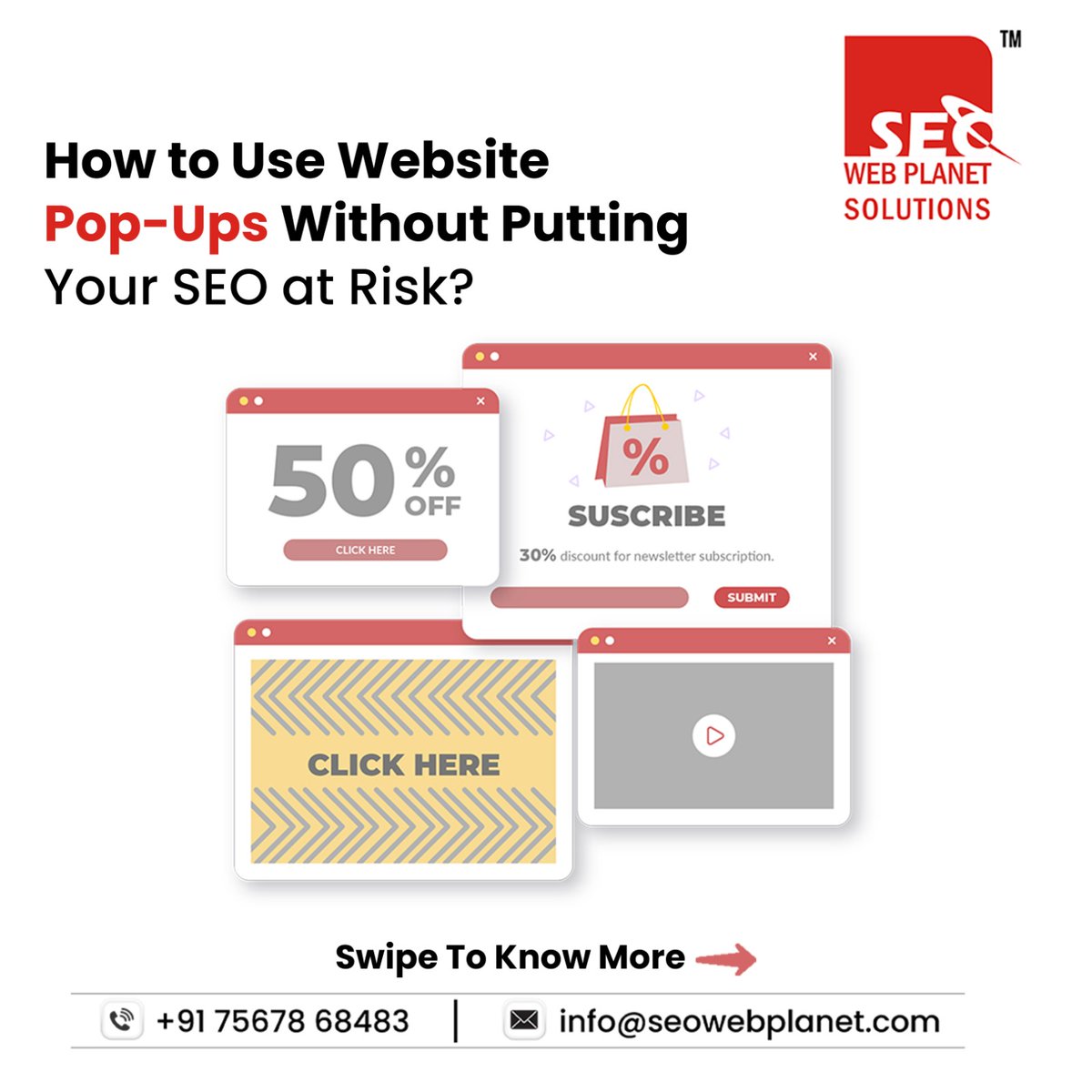 seowebplanet's tweet image. Need help crafting the perfect pop-ups? Our SEO experts can help you create effective pop-ups that convert without hurting your SEO.

Contact us today:
📱: +91 75678 68483
📧: info@seowebplanet.com
💻: seowebplanet.com/services/searc…

#WebsitePopUps #LeadGeneration #WebsiteTraffic