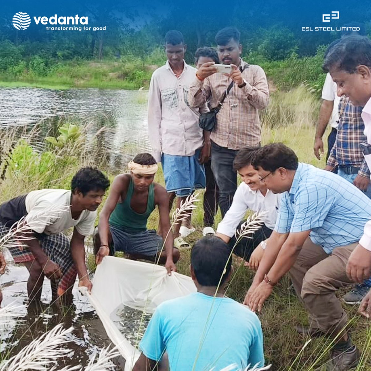 ESLSteelLimited's tweet photo. We're excited to launch Fish Farming under our #CSR #ProjectWADI, a key part of our #MicroEnterpriseDevelopmentProgram! Honoured to have Mr. Philmoon Bilung (DDM, NABARD) and Mr. Vilas Sathe (Chairman, GSS) at the event, highlighting the project's impact on #economicindependence. https://t.co/YfYK8nEnzf