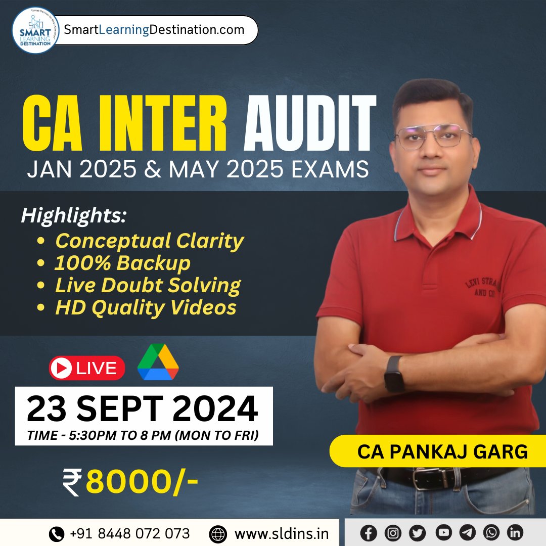 SLDINSLECTURE's tweet image. CA Inter Audit for Jan 25 onwards by CA Pankaj Garg
☎️ Enquiry Call - 8448072073
📱 WhatsApp - 9179777 7788
🌐 Visit- smartlearningdestination.com
| On-Time Free Delivery |
| Lowest Price |
| Genuine Product |
| Secure Payment |
| Best After Sell Support |
| Serving Since 2016 |
#CA