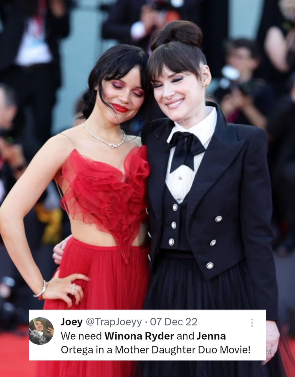 TrapJoeyy's tweet photo. So thrilled this happened! 🖤 As a huge Winona Ryder fan, I never expected it to come so soon. After seeing Jenna in "The Fallout" and "Wednesday," I knew they'd be the perfect mother-daughter duo! 🖤 #WinonaRyder #JennaOrtega #DreamCasting @wbpictures @Beetlejuice https://t.co/0Jg1XTCoa9