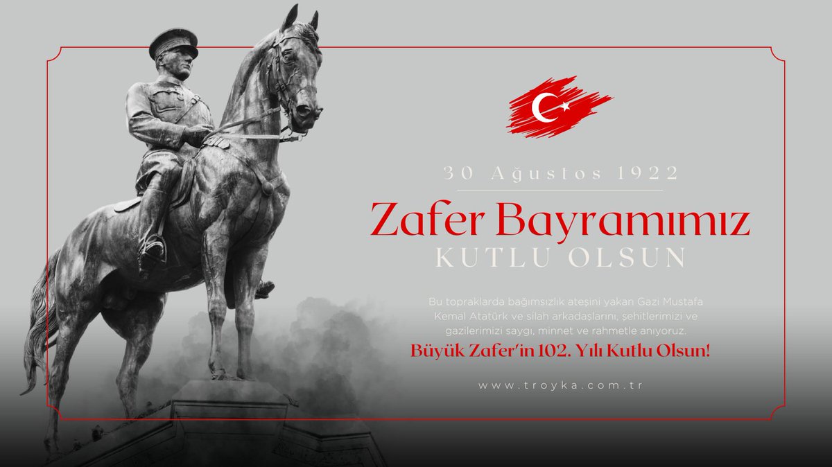 troykagyd's tweet photo. “Büyük Zafer’in 102. yılında, başta Gazi Mustafa Kemal Atatürk ve silah arkadaşları olmak üzere, vatanımız için mücadele eden tüm kahramanlarımızı saygı ve minnetle anıyoruz. 30 Ağustos Zafer Bayramı’mız kutlu olsun! Zafer coşkusunu Troyka ailesi olarak birlikte paylaşıyoruz.” https://t.co/HA40pSxoMc