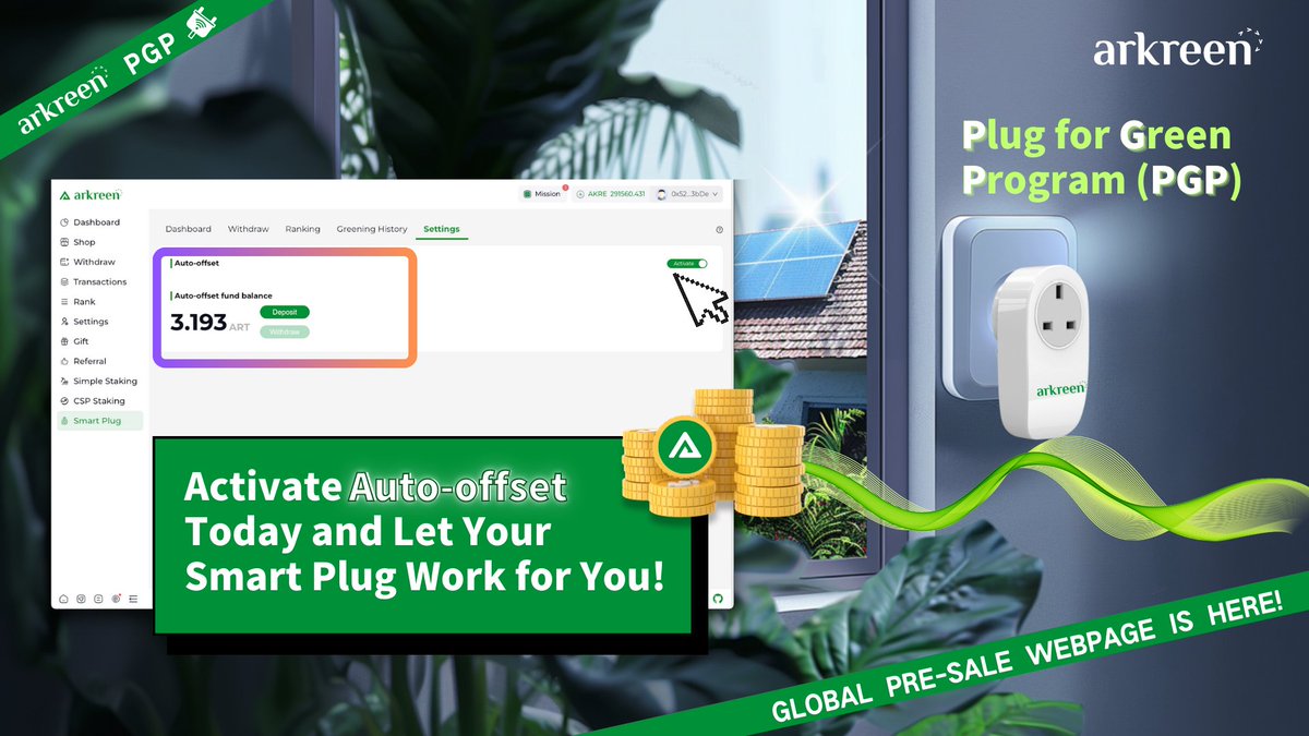 arkreen_network's tweet image. 🚀 New Feature Alert: Activate Auto-offset Today and Let Your Smart Plug Work for You!

Want your Smart Plug to automatically participate in Plug for Green Program (PGP) and keep earning rewards? Here’s how: 
1️⃣ Set Auto-offset to "Activate" 
2️⃣ Make sure your account has enough