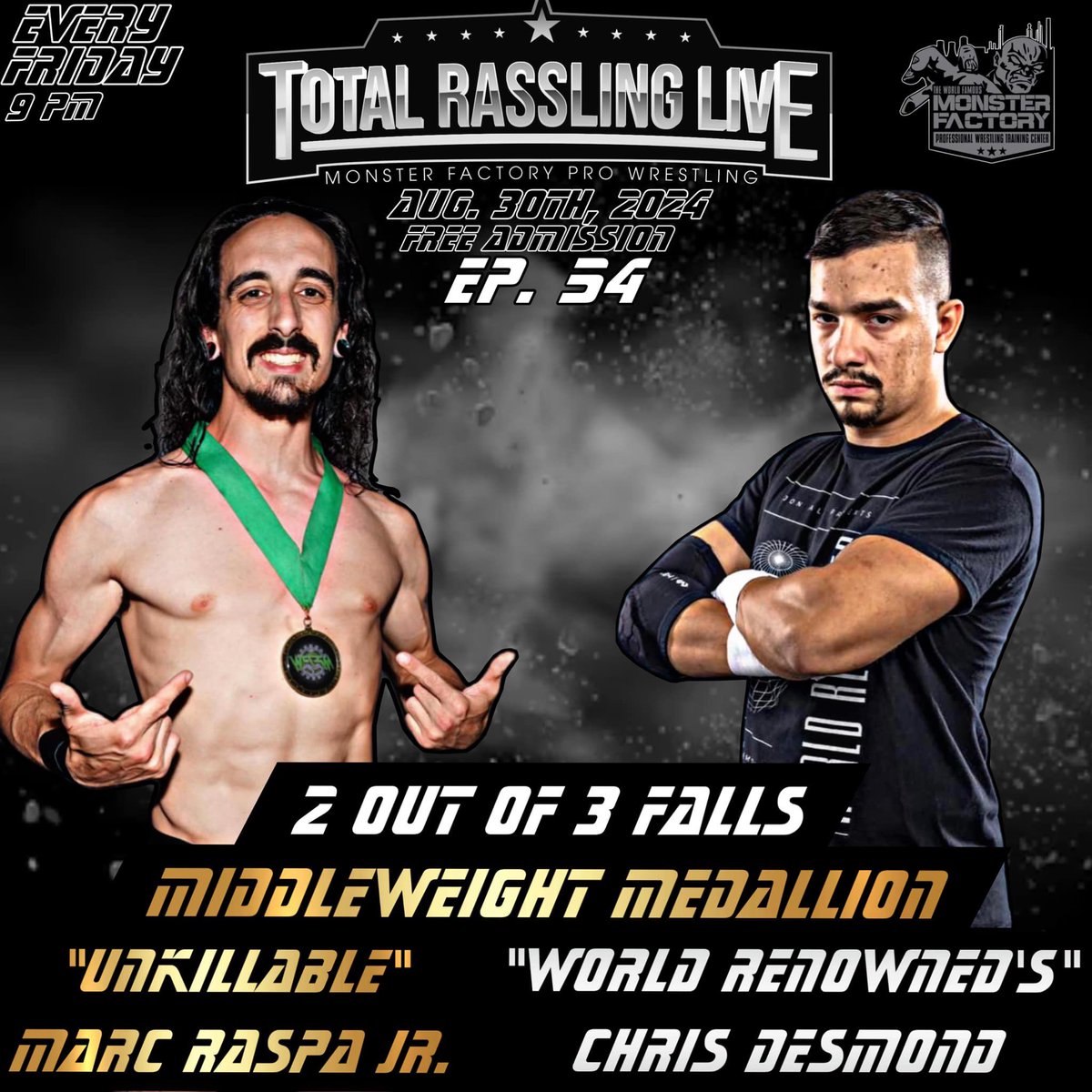 marcraspajr's tweet photo. A MATCH TOO BIG FOR JUST ONE FALL!

Tonight on TRL, we settle the score in a 2 out of 3 falls match. With tensions at an all time high, you aren’t gonna want to miss this one…

LIVE from the World Famous #MonsterFactory 

#prowrestling #wrestling https://t.co/CtDavYTki5