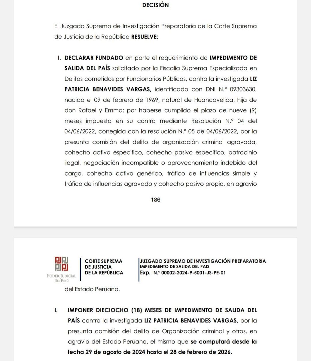 LiderAwajun's tweet photo. #IMPORTANTE Juzgado Supremo de Investigación Preparatoria ordena impedimento de salida del país por 18 meses para la suspendida Fiscal de la Nación, Patricia Benavides Vargas, investigada por el presunto delito de organización criminal y otros... https://t.co/ZkWTrR0CXj