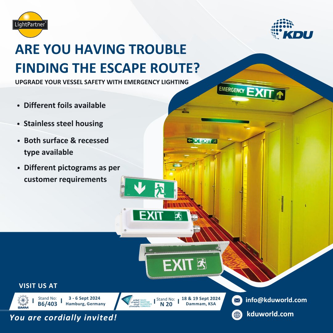 KduWorld's tweet photo. Having difficulty finding the emergency route on your vessel?
Enhance Your Vessel's Safety with #LightPartner's Emergency Lighting!
#LightPartner #Emergency #Lighting #Solutions #safety #safetyfirst #crews #passengers #engineers #marintimeindustry #marine #effective #kduworld https://t.co/bkMDzJd1QK