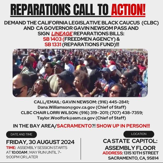 tariqnasheed's tweet photo. We need everyone to contact these numbers and emails tomorrow and demand that the CLBC and Gavin Newson pass &amp; sign the lineage based reparations bills https://t.co/65FENNkzAZ
