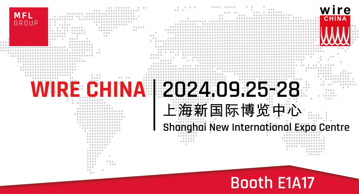 mfl_group's tweet photo. @WireChina is almost here!
Join us in Shanghai from September 25th to 28th at Booth E1A17!

We offer turn-key solutions for wire, rope, and cable production, including rod preparation, drawing, stranding, extrusion, and treatment lines.

We look forward to meeting you!
#WireChina https://t.co/XXrSrlEzh5