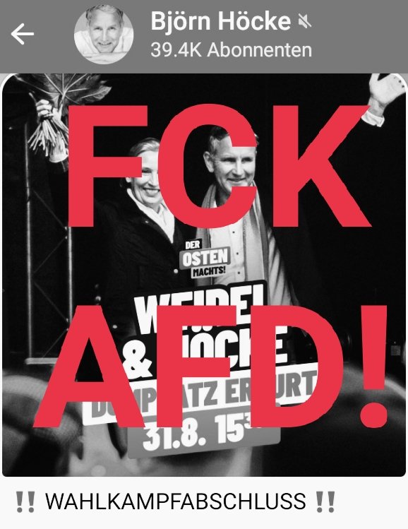 WEIDEL &amp; HÖCKE HEISS EMPFANGEN‼️
🔥☢️🌪️⚡☠️💩💥🔥☢️🌪️⚡☠️
Wann ?
Samstag 31.08. 14.30Uhr
Wo ?
#Erfurt Hauptbahnhof
Thriller-Pfeifen mitbringen!
Weitersagen! Teilen!
#Correctiv #Maischberger #Lanz #Hass_und_Hetze #Kaufland
#Thüringen #Wahlen #Edeka #AfDsindFaschisten
