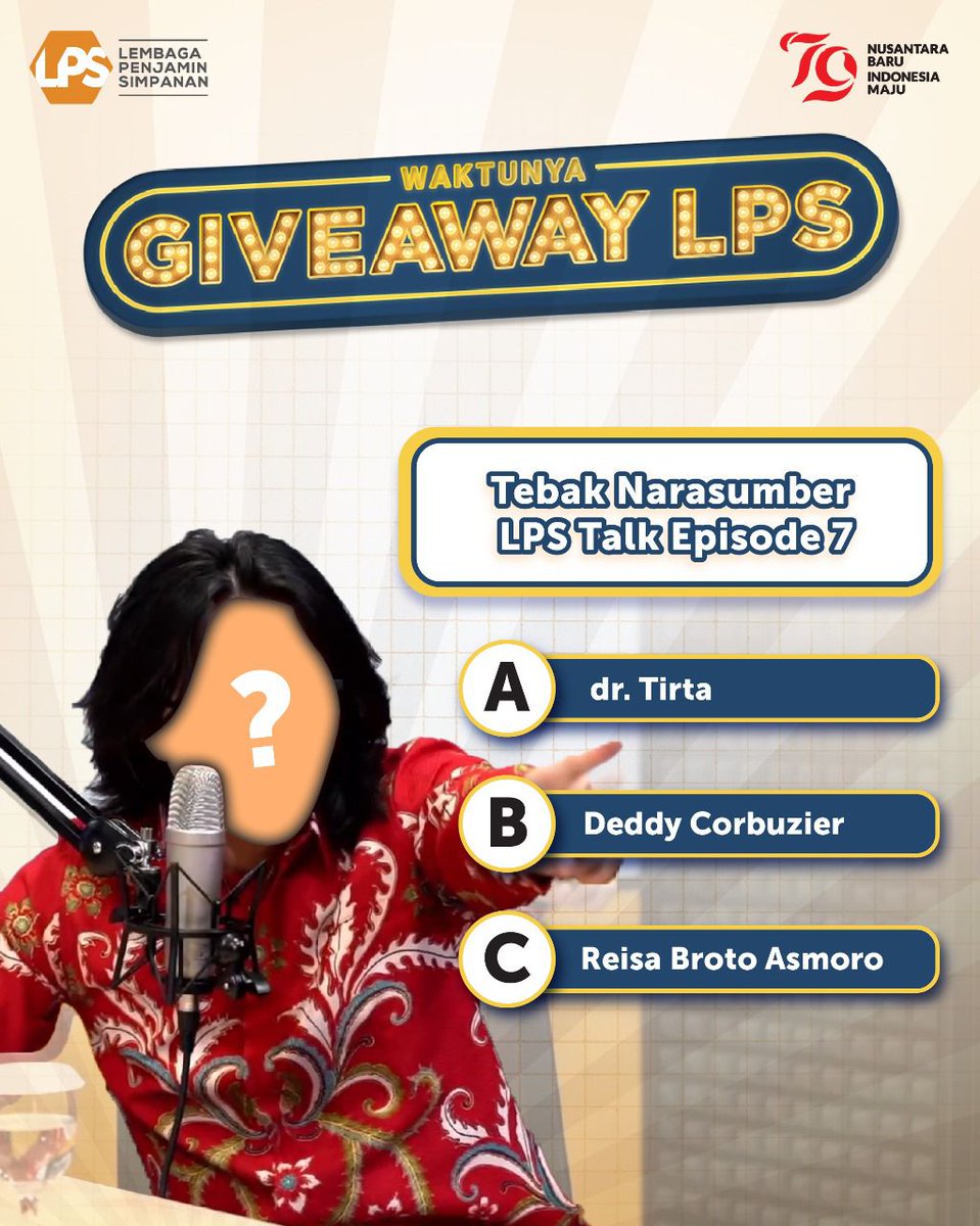 lps_idic's tweet photo. Sahabat LPS, yuk ikutan Giveaway LPS dengan menjawab pertanyaan berikut. 10 orang pemenang akan mendapatkan Voucher Go-Pay Rp250.000 untuk masing-masing pemenang.

Cara ikutan :
- Follow media sosial LPS:
Instagram @lps_idic
Twitter @lps_idic
TikTok @lpsindonesia
Like Facebook LPS Indonesia
Follow Podcast LPS, dan Subscribe YouTube LPS_IDIC Official
- Tulis jawaban di kolom komentar dan mention 5 orang temanmu
- Periode 30 Agustus - 9 September 2024
- Akun harus akun asli dan tidak dikunci (diprotect)
- Jika akun berganti username akan didiskualifikasi

#LPSIndonesia #AmanAdaLPS #LPSAmanAda3T #SahabatNasabahIndonesia