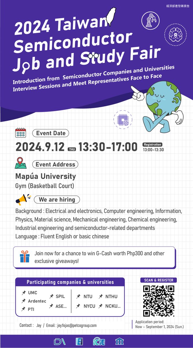 soitmapuauniv's tweet photo. Calling upperclassmen students to attend the 2024 Taiwan Semiconductor Job and Study Fair on September 12 from 1:30PM to 5:00PM at Mapua University Gym.
You may sign up using the QR code. The deadline for registration is on Sunday, September 1. See you there! https://t.co/cy5zx0evno