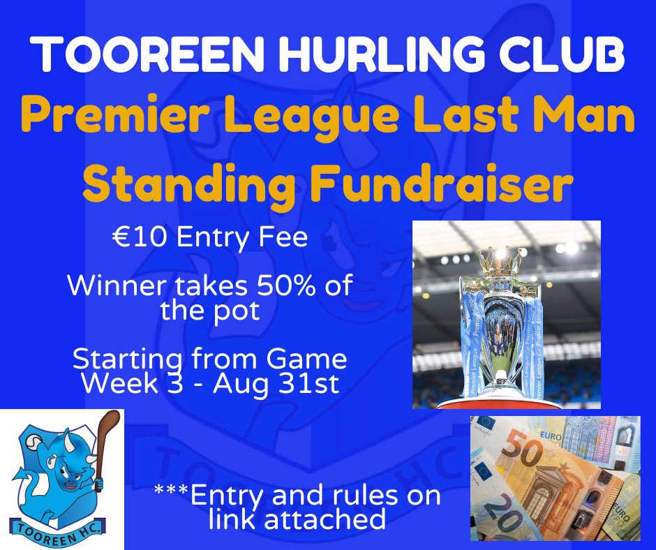 ‼️ 24 HOURS LEFT ‼️
Just 24 hours left to enter our Last Man Standing fundraiser. All entries and first round picks must be made by 9.30am tomorrow (Saturday). As it stands, there is €850 in the pot with 50% for the eventual winner!! Click👇 for entry

klubfunder.com/Clubs/Tooreen_…