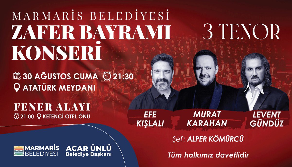 30 Ağustos Zafer Bayramımızı harika bir konserle kutluyoruz. Büyük lider Mustafa Kemal Atatürk, silah arkadaşları ve vatan için şehit düşmüş tüm kahramanlarımıza minnettarız. 30 Ağustos Zafer Bayramımız kutlu olsun! 🇹🇷 #ZaferBayramı #30Ağustos"