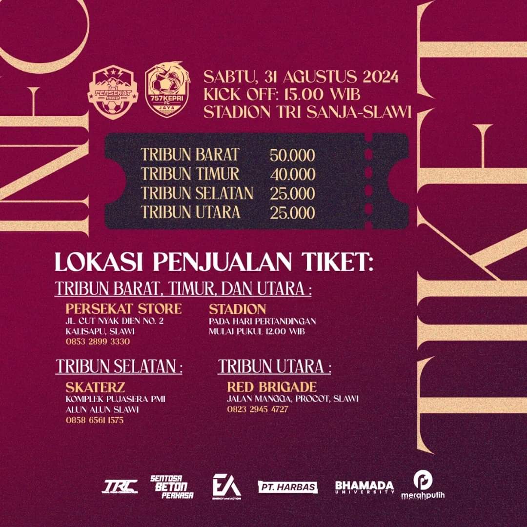 Tiket sudah tersedia. Segera merapat!
Berikan dukungan pada laga terakhir sebelum masuk kompetisi! 💪🔥

#persekat #tegal #laskarkigedesebayu #bantengloreng #muladkan