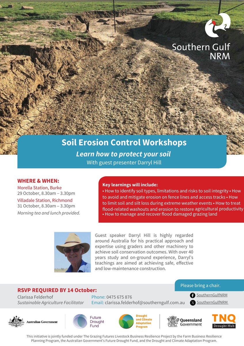 🌱 Protect your soil &amp; boost productivity! Join our Soil Erosion Control Workshops with expert Darryl Hill.

🗓️ 29 Oct: Morella Station, Burke 🗓️ 31 Oct: Villadale Station, Richmond

RSVP by 14 Oct. Morning tea &amp; lunch provided. Bring a chair!