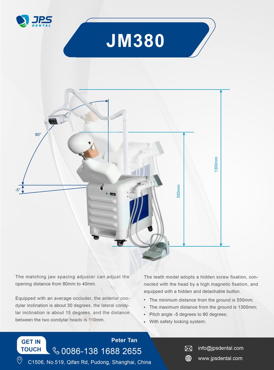DentalJps's tweet photo. Discover the JM-380 Dental Simulator! Adjustable jaw spacing, precise occluder, and customizable height and angle settings. Safety-first with a locking system. Perfect for advanced dental training! #DentalSimulator #JM380 #DentalTraining https://t.co/DlKxRlSKIU