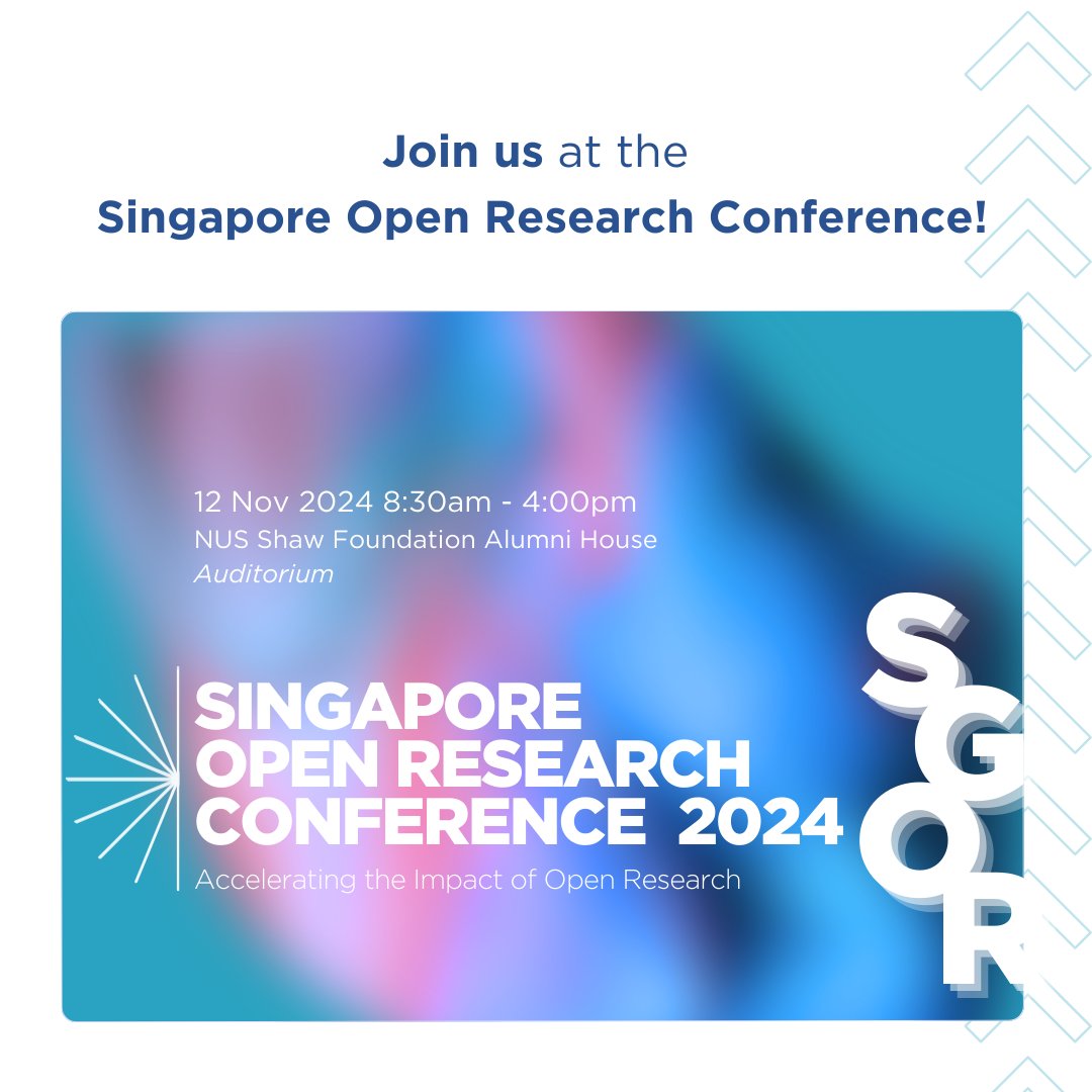 SMU Libraries (@smulibraries) on Twitter photo Singapore Open Research Conference #SGOR2024 is happening. Join the conference, take part in the workshop, and participate in the Open Research Awards!
Register: event.ntu.edu.sg/SGOR2024
<a href="/NTUsgLibrary/">NTU Library</a> <a href="/NUSLibraries/">NUS Libraries</a> #NIELibrary #SITLibrary #SUSSLibrary #SUTDLibrary #SMULibraries Singapore Open Research Conference #SGOR2024 is happening. Join the conference, take part in the workshop, and participate in the Open Research Awards!
Register: event.ntu.edu.sg/SGOR2024
<a href="/NTUsgLibrary/">NTU Library</a> <a href="/NUSLibraries/">NUS Libraries</a> #NIELibrary #SITLibrary #SUSSLibrary #SUTDLibrary #SMULibraries