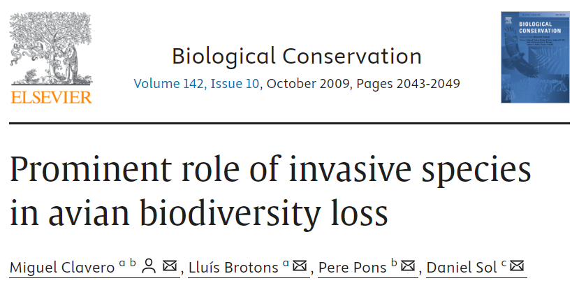 In this work we showed that invasive species enhanced biotic homogenization by disproportionately affecting:
- the most threated bird families
- range restricted species (particularly on islands)
With <a href="/PerePonsFerran/">Pere Pons Ferran</a> <a href="/lluisbrotons/">Lluís Brotons</a> <a href="/DaniSolRueda/">Daniel Sol</a> 
sciencedirect.com/science/articl…