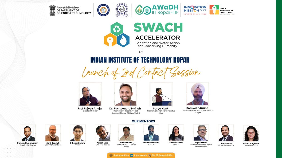 AWaDH_IITRopar's tweet image. We announce the successful inauguration of the #SWACH Accelerator Program Contact Session at @IITRopar by Prof. Rajeev Ahuja, Dr. Pushpendra Singh, and Mr. Somveer Anand. Congratulations to all the startups and teams driving this impactful initiative!
@IndiaDST @NmIcps @iitropar