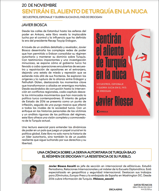 biosca_azcoiti's tweet photo. NOTICIÓN! 

📚Después de mucho trabajo, por fin puedo anunciar la publicación con @ed_peninsula de 'Sentirán el aliento de Turquía en la nuca', ya en preventa con este portadón😀El 20 de noviembre, en vuestras librerías! 

https://t.co/Po2GKE9zWd https://t.co/VDUterMbHD