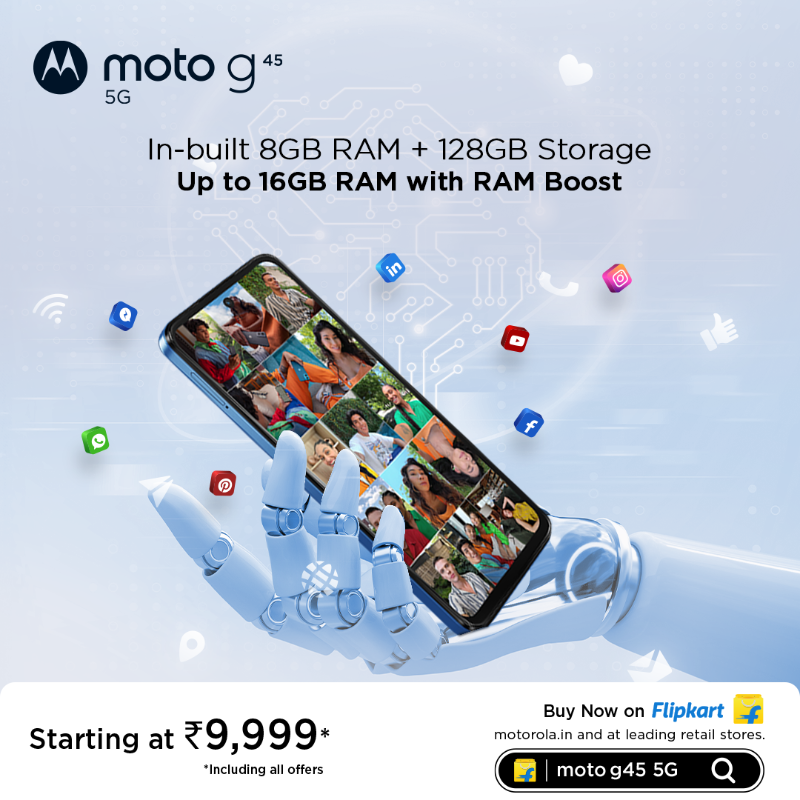 motorolaindia's tweet photo. With up to 8GB RAM & 128GB built-in storage, #MotoG45 5G offers plenty of space for all your fav apps, photos, & videos. Plus, expand it up to 1TB and never worry about storage again!
Buy Now @Flipkart, https://t.co/azcEfy1Wlo & leading stores. Starting at ₹9,999*/-
#FastNWow