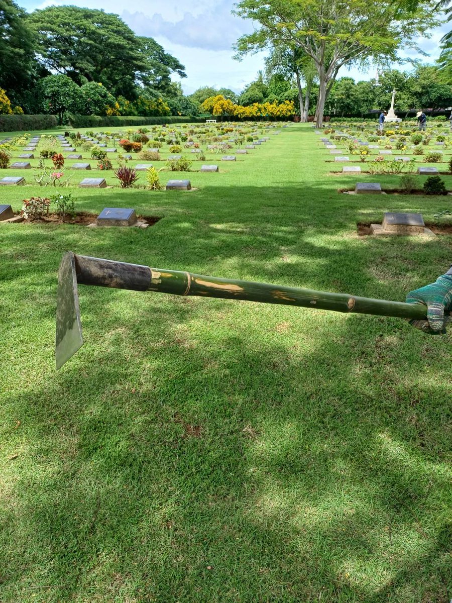 KanCwgc's tweet photo. Hoe head for mulch application made to measure by local mechanic, bamboo handle made by us, cut to size for individual gardeners, have a good weekend folks #taskspecific #chungkaiwarcemetery @CWGC https://t.co/pZTHlFnXwG