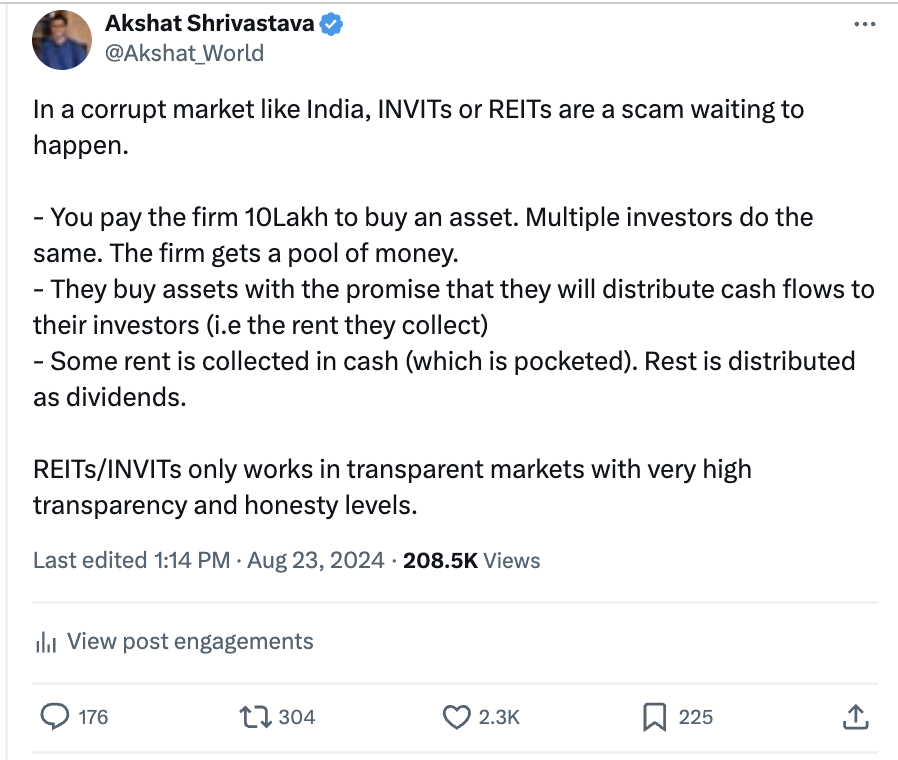 Akshat Shrivastava (@akshat_world) on Twitter photo Stand by every single word. 
Dubai government has put its entire Real Estate transaction data on a blockchain. 
You can literally go on websites like BAYUT. And, see: which apartment was sold when for what precise price. 
India government has the data too. But, they will never Stand by every single word. 
Dubai government has put its entire Real Estate transaction data on a blockchain. 
You can literally go on websites like BAYUT. And, see: which apartment was sold when for what precise price. 
India government has the data too. But, they will never