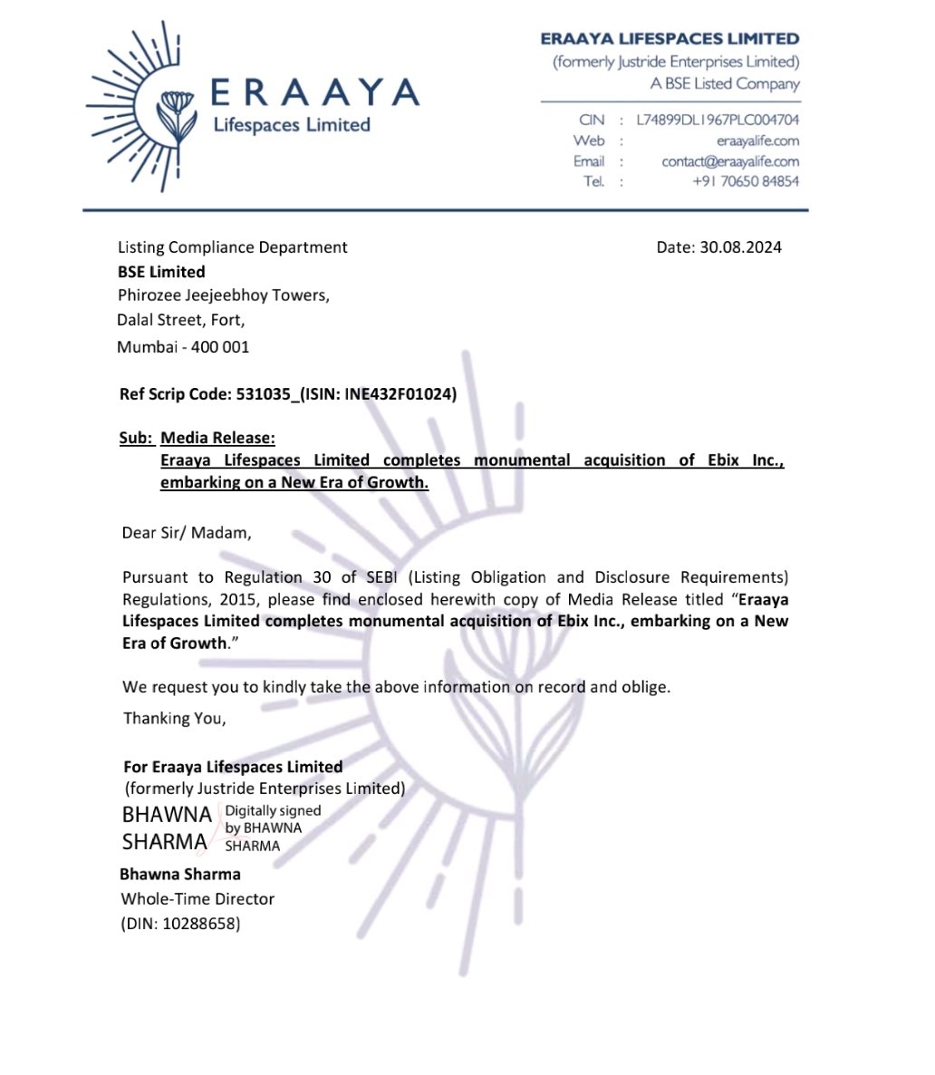 Yuvraj_77's tweet photo. ✅#Eraaya Lifespaces Completes $151.577M Acquisition of Ebix Inc., Marking a New Era of Growth
↪️Follow Me For Real-time Updates About Stock Market 👉 @Yuvraj_77
#StockMarketindia https://t.co/BhJdJrIEup