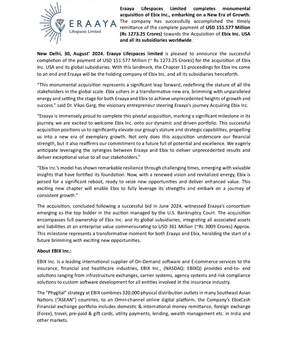 Yuvraj_77's tweet photo. ✅#Eraaya Lifespaces Completes $151.577M Acquisition of Ebix Inc., Marking a New Era of Growth
↪️Follow Me For Real-time Updates About Stock Market 👉 @Yuvraj_77
#StockMarketindia https://t.co/BhJdJrIEup
