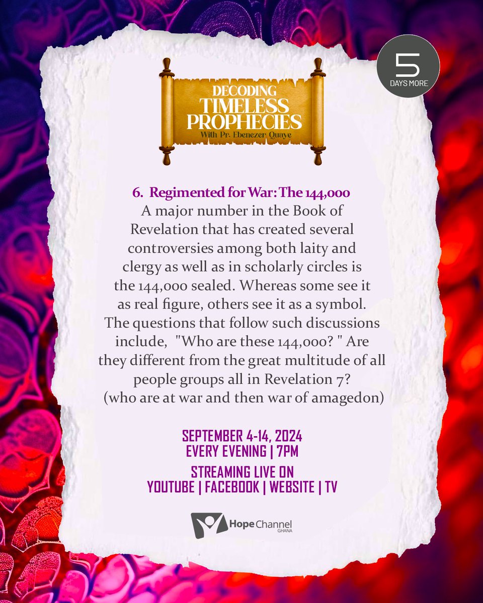 hopechannelgh's tweet photo. Who are the 144,000 in Revelation,literal or symbolic?
Join us each night at 7 PM as Pr. Ebenezer Quaye decodes this mystery in “Regimented for War.” Don’t miss this eye-opening session!
#DecodingTimelessProphecies
#RevelationSeminar #HopeChannelGhana
#unveilingHope https://t.co/ZkPozDX4Fh