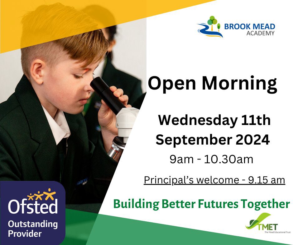 BrookMeadAcad's tweet photo. Brook Mead Academy Year 6 Open Events  

Open Morning - 11/09 9am-10.30am 
Open Evening - 11/09 6pm-7.30pm  
Open Day - 05/10 10am-11.30am

Please click on the link below to reserve a place. https://t.co/a6OfkdrkyM 

#BuildingBetterFutures https://t.co/AtaR00GOnk