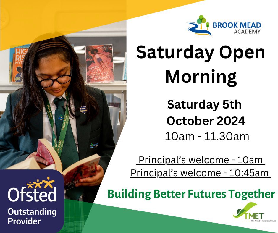 BrookMeadAcad's tweet photo. Brook Mead Academy Year 6 Open Events  

Open Morning - 11/09 9am-10.30am 
Open Evening - 11/09 6pm-7.30pm  
Open Day - 05/10 10am-11.30am

Please click on the link below to reserve a place. https://t.co/a6OfkdrkyM 

#BuildingBetterFutures https://t.co/AtaR00GOnk