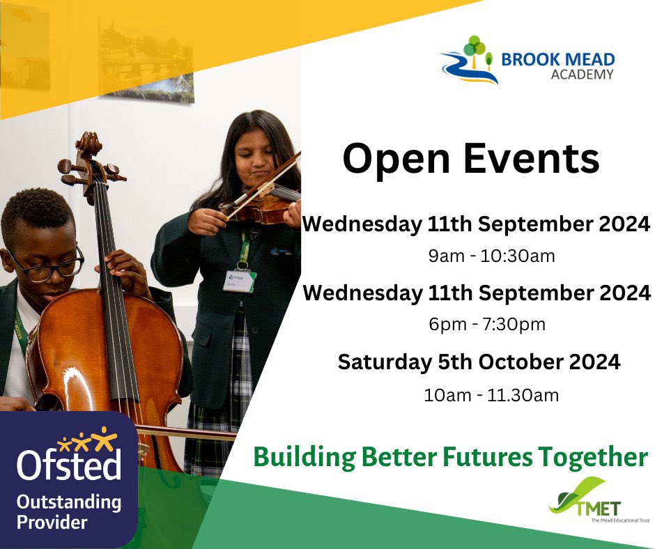 BrookMeadAcad's tweet photo. Brook Mead Academy Year 6 Open Events  

Open Morning - 11/09 9am-10.30am 
Open Evening - 11/09 6pm-7.30pm  
Open Day - 05/10 10am-11.30am

Please click on the link below to reserve a place. https://t.co/a6OfkdrkyM 

#BuildingBetterFutures https://t.co/AtaR00GOnk