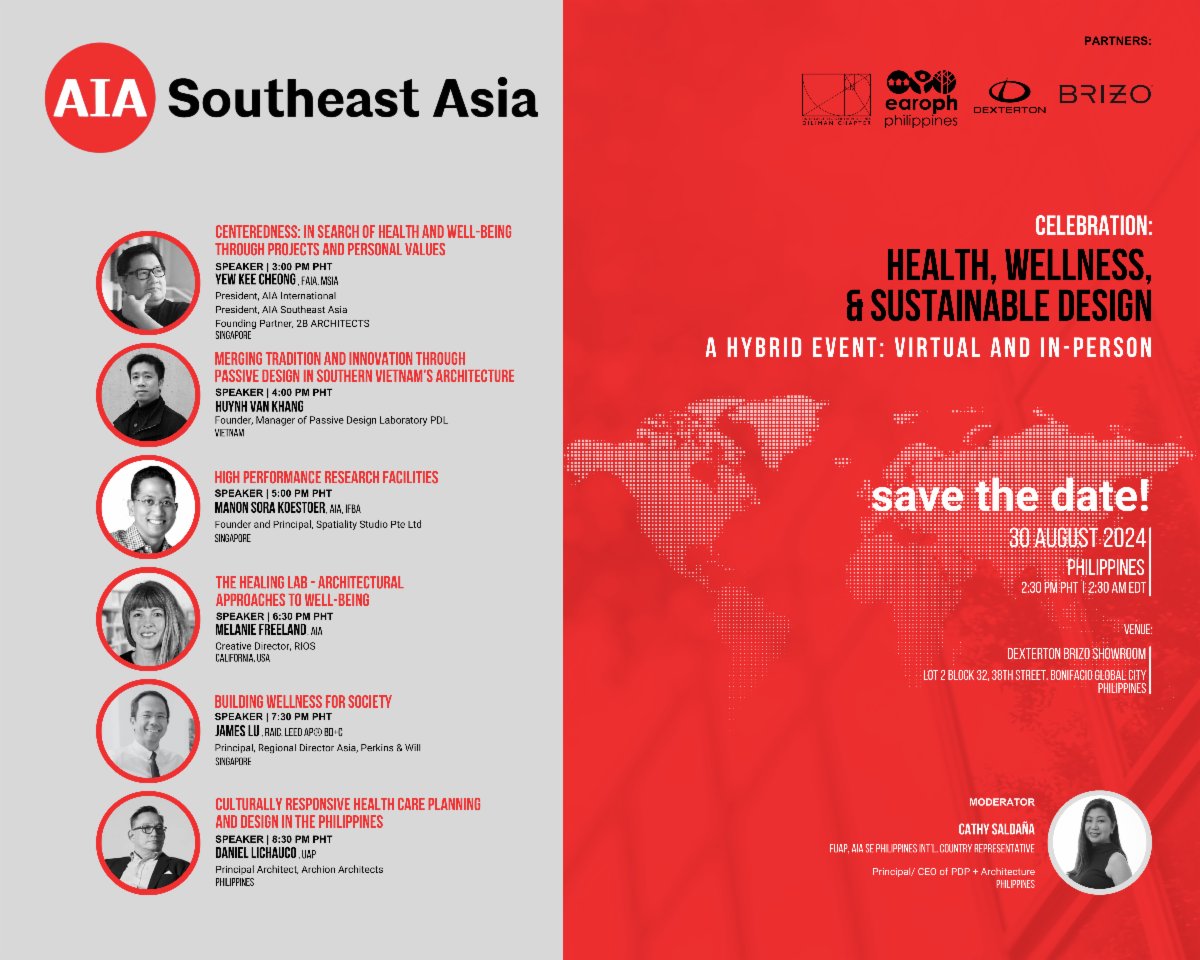 TODAY
AIA Southeast Asia hosts the Manila Conference on Health, Wellness &amp; Sustainable Design
Attend now @ aiainternational.org/future-events

Showcasing evolving ideas in architecture for healthcare, civic, hospitality, retail mixed-use, and human well-being.
#AIASAchapter #Sustainability