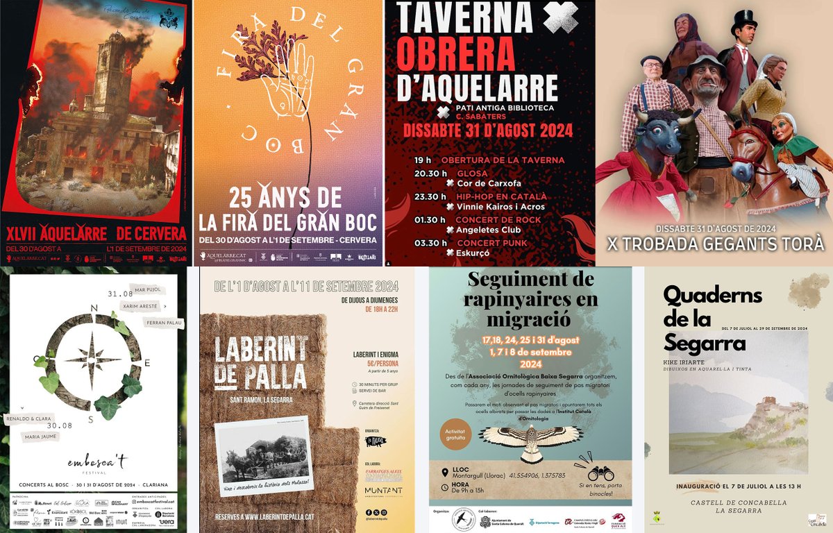 SomSegarra's tweet photo. Sense plans per al cap de setmana? #festesmajors #aquelarre, #fira #gegants #concerts #rapinyaires #laberint i #expo, viu l' #estiusegarra!
@lasegarra @paeriacervera @aquelarre_cerve
@viladetora @museudecervera @CConcabella @Espitllera @lavalldelcorb
ℹ️ https://t.co/8ZHEiD1Ad2 https://t.co/DgfGcvc2y0