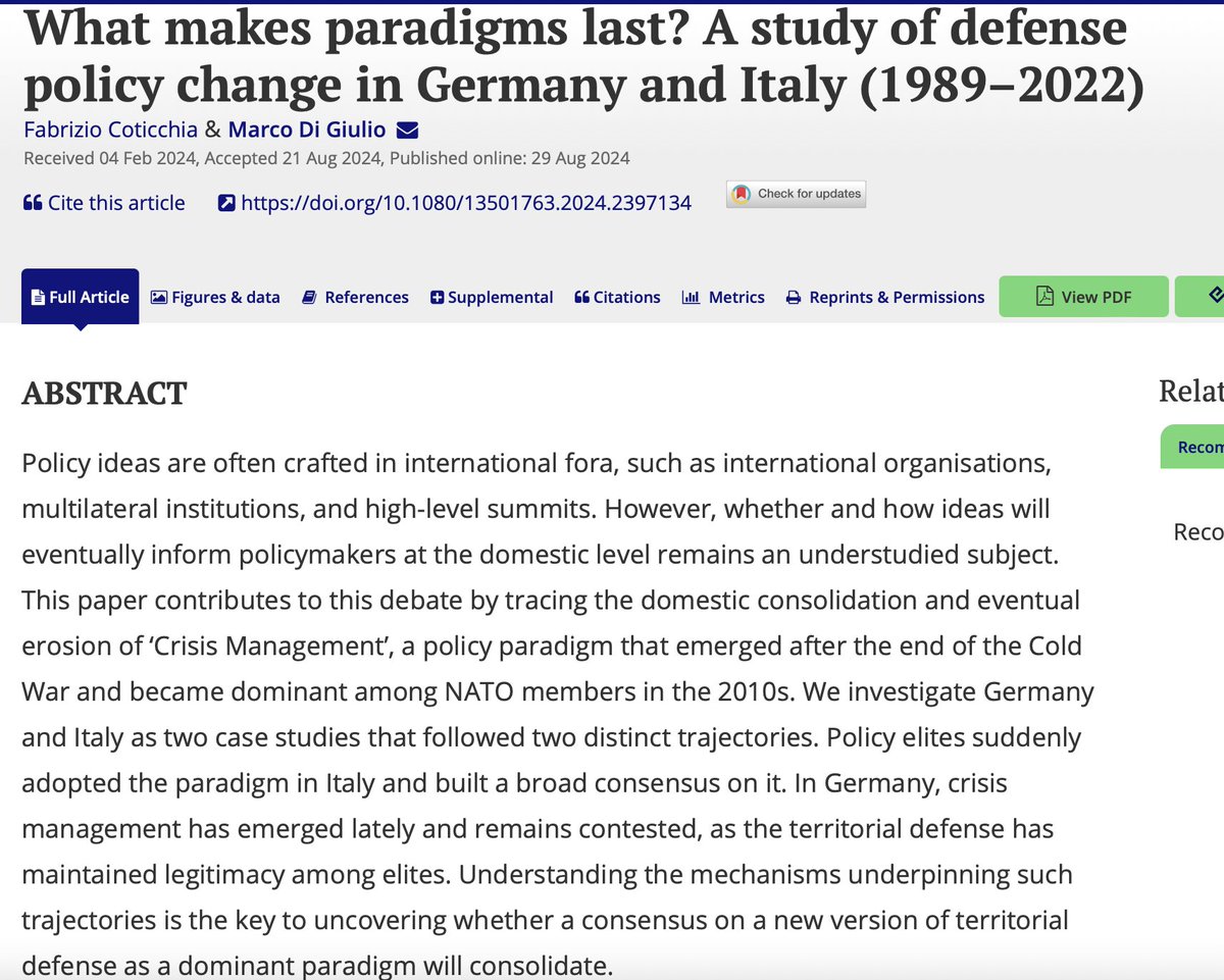 Really glad to see our paper on <a href="/jepp_journal/">JEPP</a>: "What makes paradigms last? A study of defense policy change in #Germany and #Italy (1989–2022)". We show how the timing and commitment of 🇩🇪🇮🇹 elites in adopting defense pol paradigms varied significantly 👇tandfonline.com/doi/full/10.10…