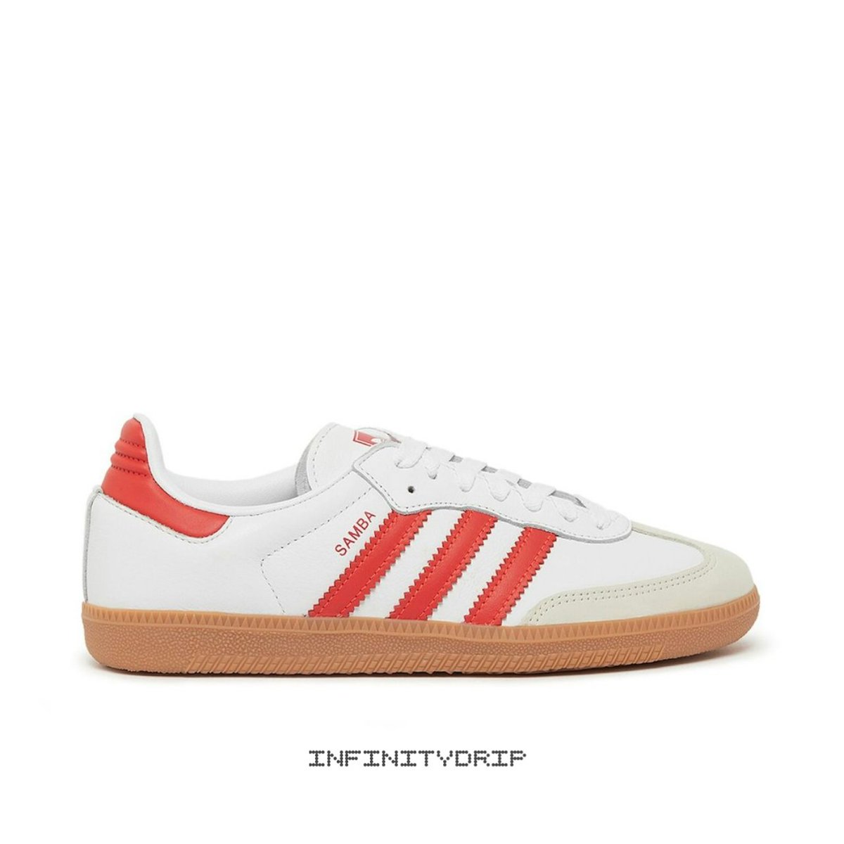 infinity_drip's tweet photo. 🚨Sneaker of the Day🚨

Adidas Samba OG White Solar Red Gum.

Features a smooth leather upper, reinforced rubber sole, nubuck toe cap and a lace up fastening.  Style these with gray wash jeans, white top, brown jacket and a red handbag. 

Sizes 38 to 45 EU available. Order Now! https://t.co/XAPfSf3zL0
