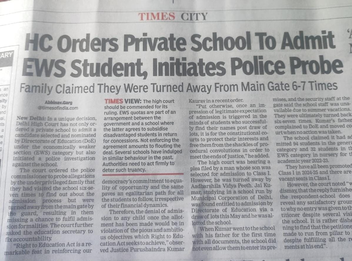 Neeraj10z's tweet photo. Even after this respect order of High Court, @SBDAVAlumni refused yesterday to take the admission of children who had been recommended by DoEd.We were turned away from the reception without meeting the principal.
#admission #EWS
@DelhiHighCourt @Dir_Education @cbseindia29 https://t.co/Y8tnD3Iuex