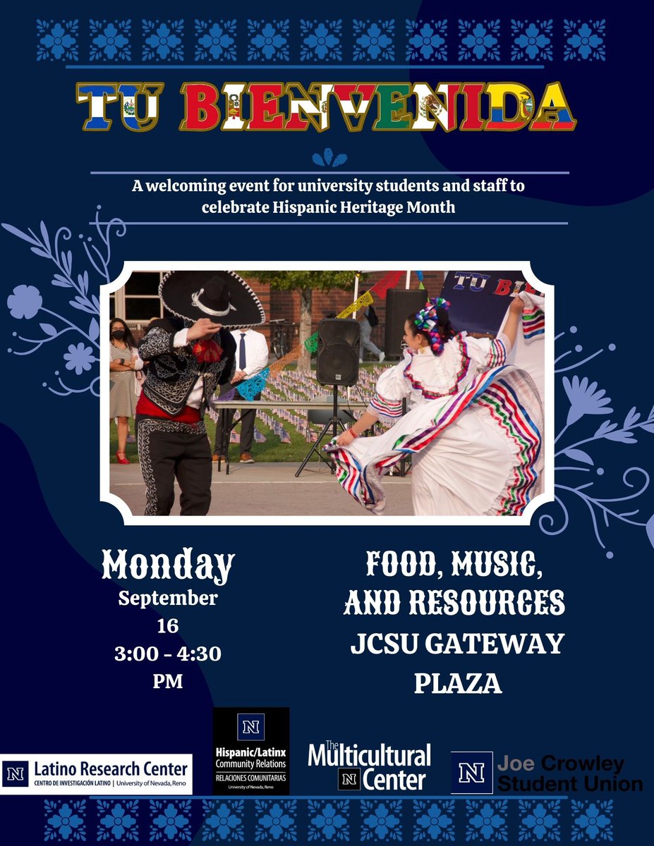 vamospack's tweet photo. Welcome students to another academic year! We are thrilled to invite students, faculty, staff, and community to join us in our @unevadareno annual “Tu Bienvenida” event to kick off Hispanic/Latinx Heritage Month! Join us on September 16th from 3:00-4:30pm for an amazing time! https://t.co/7UFPkOgvPN