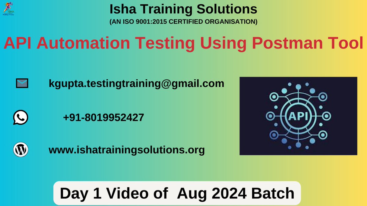 IshaKumargupta's tweet image. "API Automation Testing Using Postman tool" -Day 1 Video
youtu.be/P4guO1dxOpA
Enrollments are still in progress
Regular sessions will start from:30th Aug@9 PM (IST)/30th Aug@11:30AM (EST)
The course Price: 6,900 INR/99 USD
call/WhatsApp @+91- 8019952427
#Postman #PostmanTool