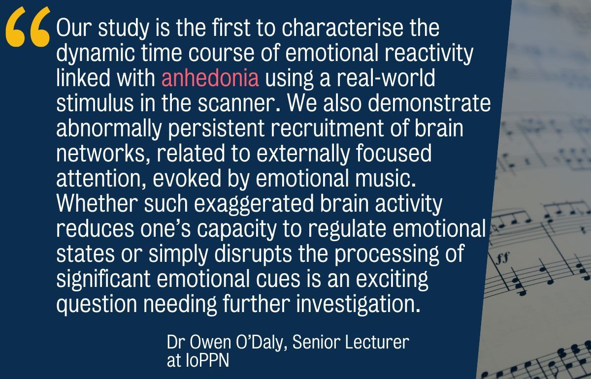 📣 Using music, IoPPN researchers studied the relationship between anhedonia and emotion-related brain activity, finding that dulled emotional reactions in anhedonia are linked with abnormally prolonged activity of the brain's attentional network. 

🔗 buff.ly/3XqDDb7