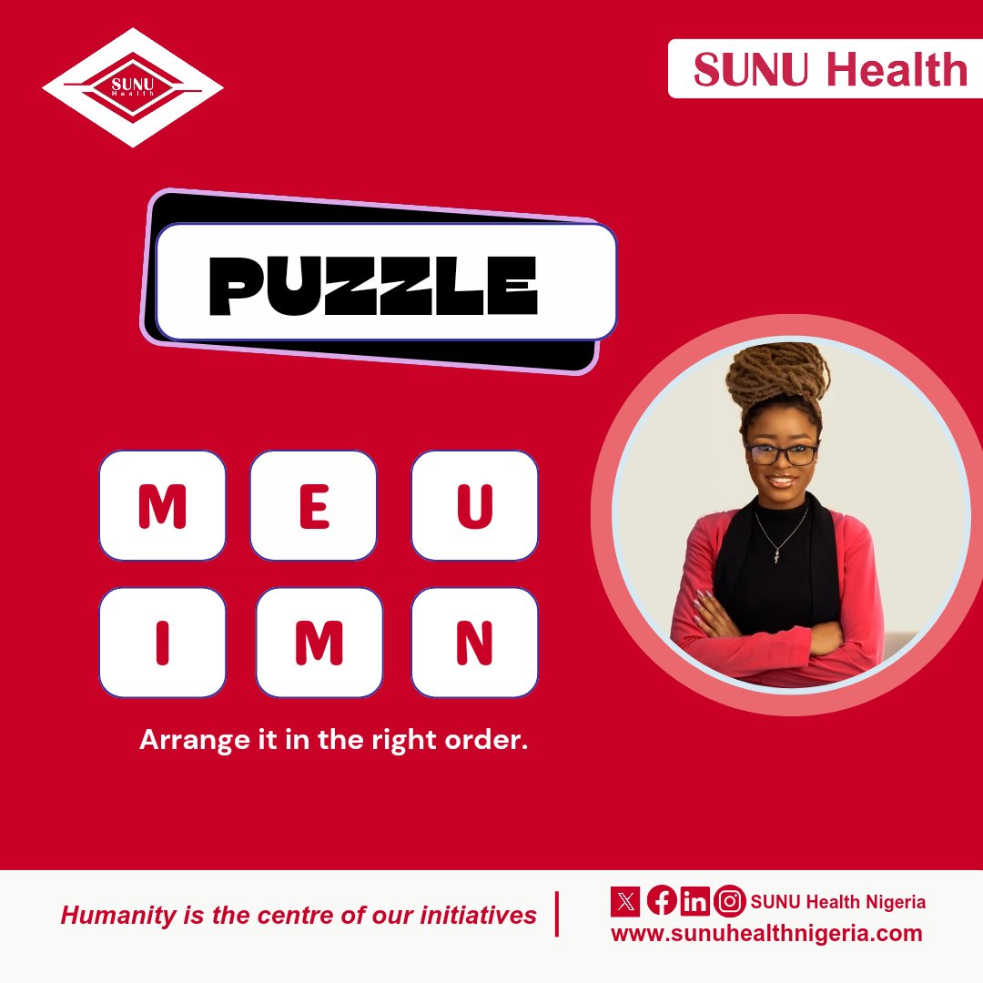 sunuhealth's tweet photo. Here is a health puzzle to welcome you into weekend mood.
Can you arrange the letters to make a meaningful word?
See you at the comment section.
#sunuhealthnigeria #healthpuzzle https://t.co/atRZMARc2l