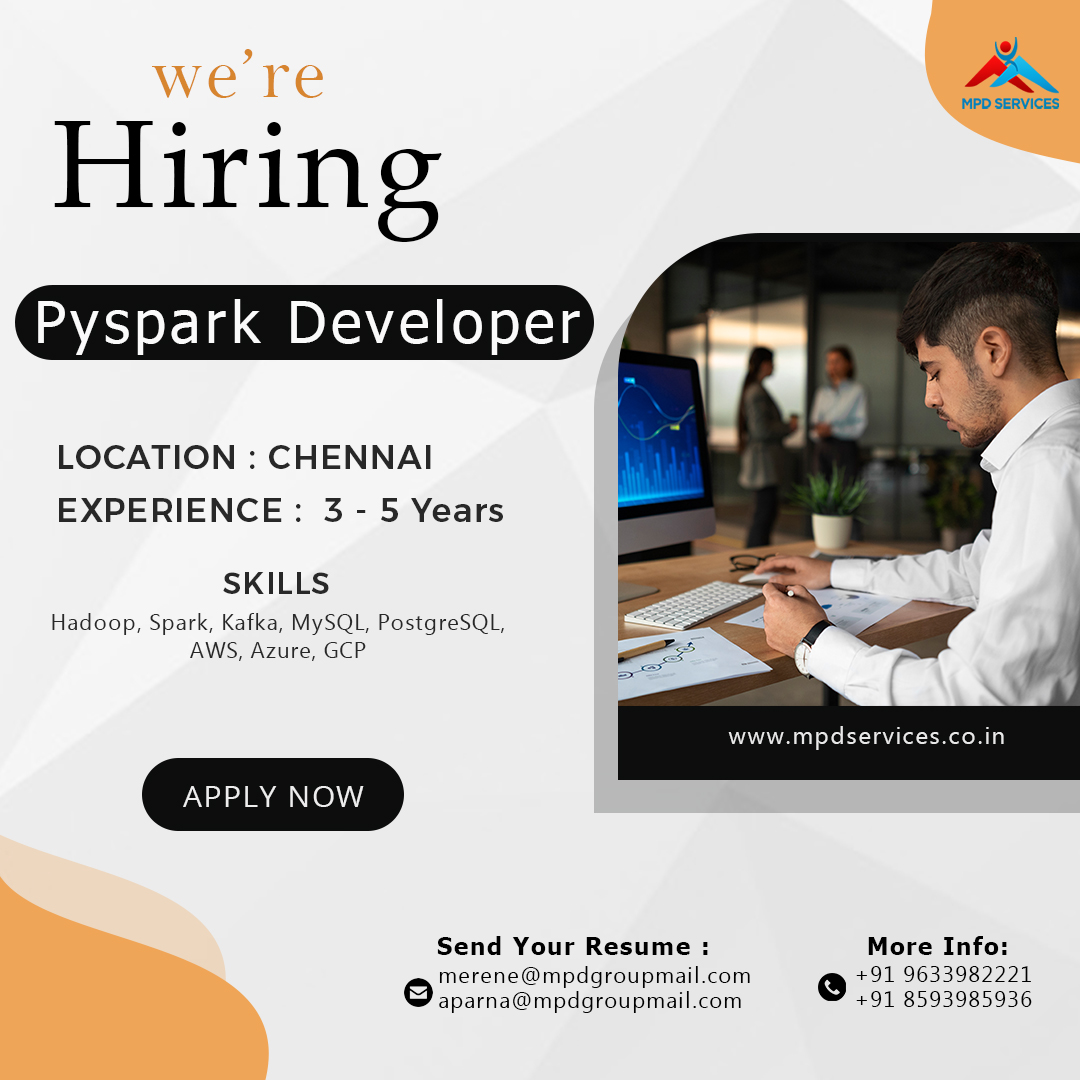 MPDSERVICES's tweet image. We&apos;re Hiring: PySpark Developer in Chennai

Join our dynamic team as a PySpark Developer in Chennai!
Experience Required: 3-5 years

Ready to take the next step in your career? Apply now
mpdservices.co.in

#Hiring #PySparkDeveloper #ChennaiJobs #BigData #CloudComputing