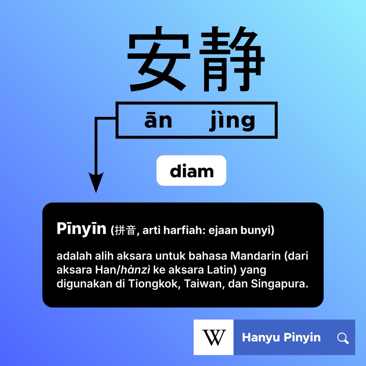 idwiki's tweet photo. Dalam bahasa Mandarin, ānjìng (安静) berarti "diam".