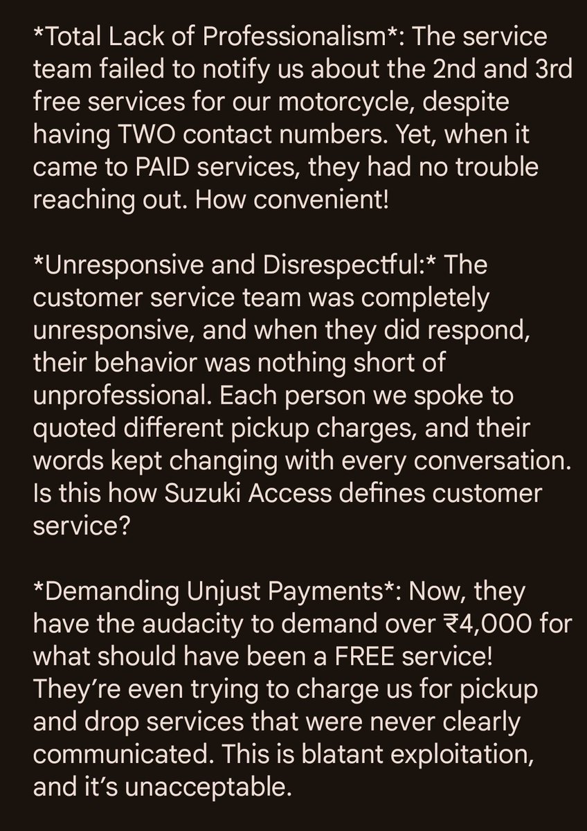 HariniRavi18's tweet photo. Absolutely Disgusted with Suzuki Access Service!!I’ve never been more disappointed and frustrated with a brand than I am with Suzuki Access. 

Service centre details- Suzuki Motorcycle (Natwest Suzuki, Indira Nagar, Chennai)
@suzuki2wheelers Find the below screenshot for history https://t.co/1y3zadOcFX