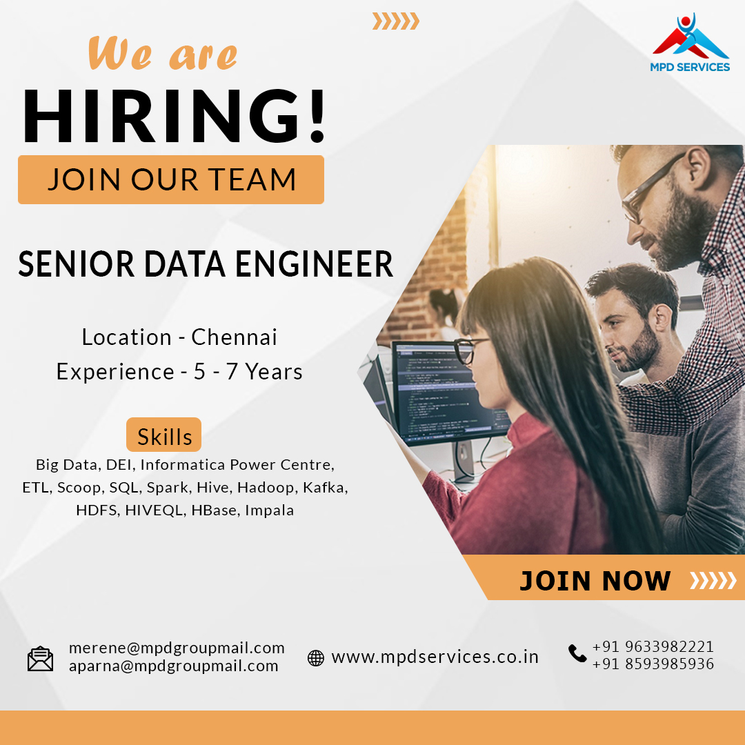 MPDSERVICES's tweet image. We&apos;re Hiring: Senior Data Engineer in Chennai

Join our team as a Senior Data Engineer in Chennai and make an impact with your expertise

Experience Required: 5-7 years
  
Ready to take the next step in your career? Apply now
mpdservices.co.in

#Hiring #SeniorDataEngineer