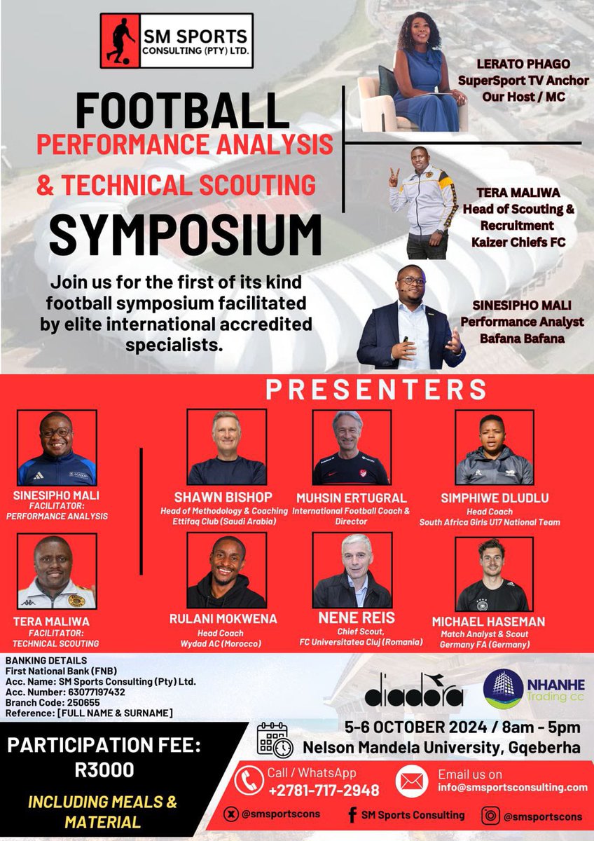 SinesiphoMali's tweet image. Updated Poster for the Symposium 👀

First of its kind Football Performance Analysis &amp;amp; Technical Scouting Symposium at the Nelson Mandela University in Gqeberha, 5-6 October 2024. 

#InspireBeyond | #TechnicalScouting